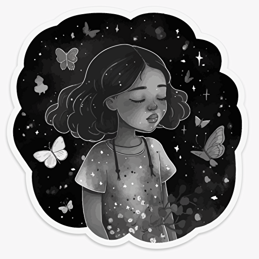 little black girl surrounded by butterflies, constellations, starry sky, Beautiful Gothic Fantasy, Watercolour cartoon, minimalistic illustration, in black and white vector, sticker