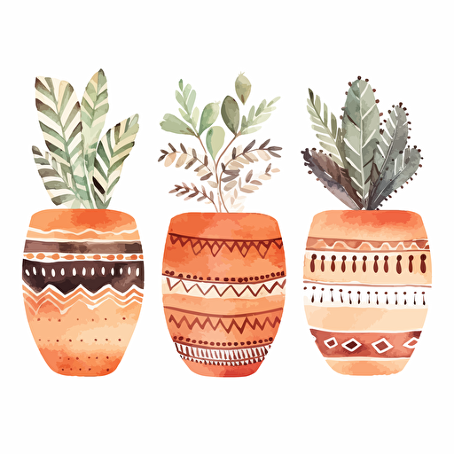 watercolor vector illustration boho three terracotta planters sticker white background