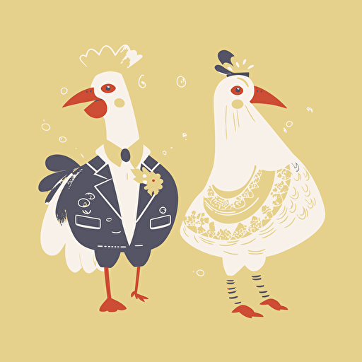Vector art of a chicken dressed as a bride and a cockrel dressed as a groom, in the style of Britta Teckentrup illustrations