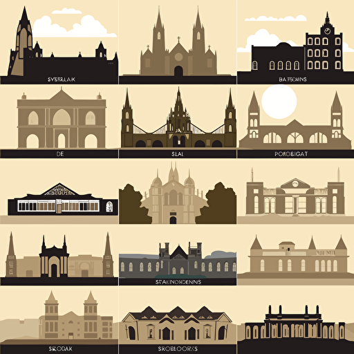 Flat 2d vector-style silhouettes of landmarks in Wellingborough UK, such as Swanspool house, the railway sheds, pork pie church, all saints church, the fourteen arches viaduct, wellingborough war memorial, our lady church, all landmarks to be flat and side by side on a horizon line
