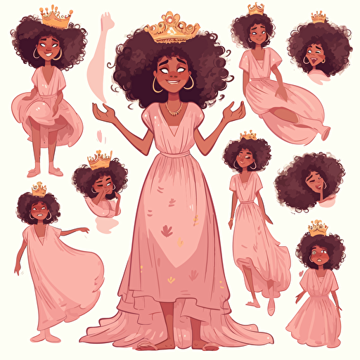 vector illustration, multiple expressions and poses of a beautiful happy black mixed race girl princess with wild Afro hairstyle in long soft pink dress, and golden crown on her head, in vivid colors, with white background.