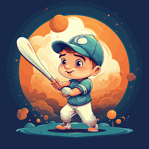 Vector illustration of a little boy baseball player hitting a baseball in vivid colors
