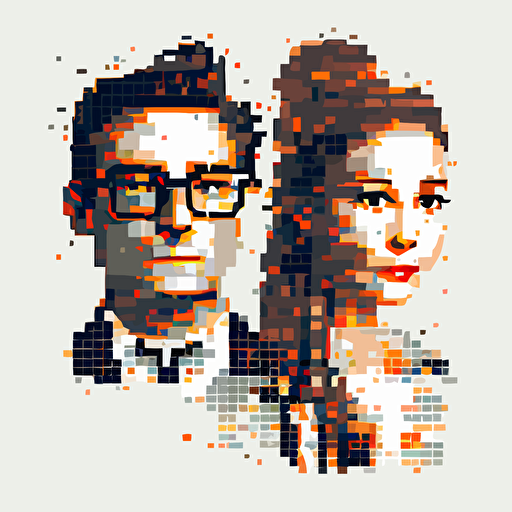 Vector illustration, a male and female couple, a cat raised together, pixelated style is preferred.