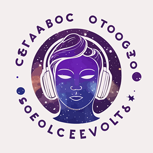 a vector logo design for a guided meditation company "Peaceful Sounds" . Using a front facing buddha with headphones, blues and purples. Galaxy and stars. white background.