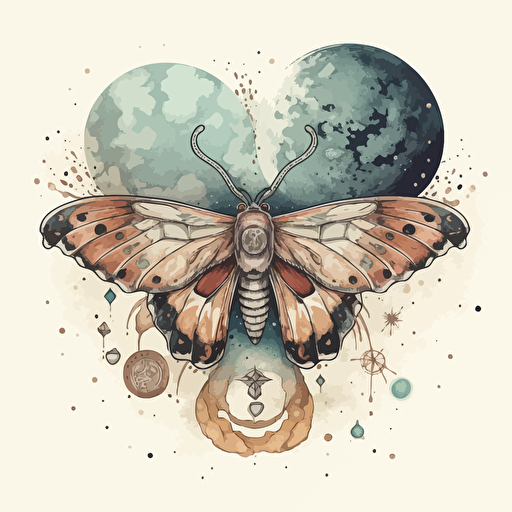 a beautiful moth with a surrounding stars and planets design in detailed drawing style + simple vector + pastel colors on a white background