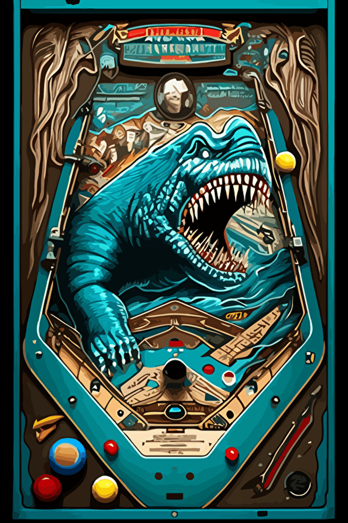 1990 pinball playfield art, gorilla fighting a shark, vector style