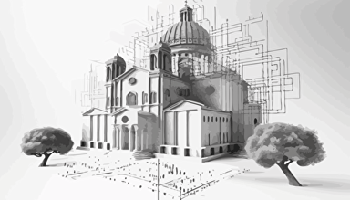 A detailed technical 3-dimensional sketch of a dense latent voxel space with only thin arrows of a machine learning model architecture analysis of an image of a Christian religious icon, with religous building in the background with thousands of arrows, an image consisting of a lot of vectors, a charcoal sketch with white background