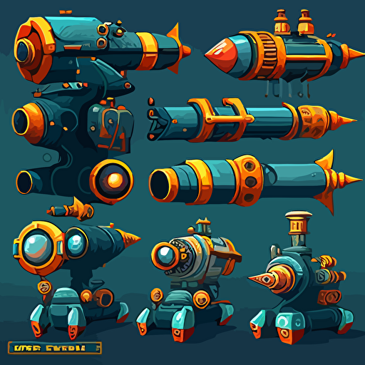 cartoony complex aquatic bazookas lined up, vector, theme is atlantic, coral, ocean, cartoony,bazooka, grenade launcher, turret, gun, flame thrower, 2D, concept art, Pet Simulator X