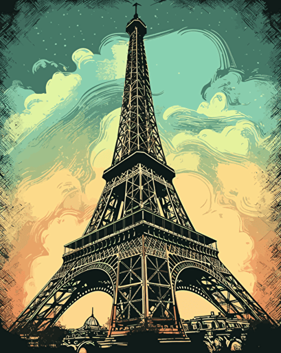 eiffle tower, retro aesthetics, vector image, sticker design, pantone color scheme: 12-1706 TCX, 12-0824 TCX, 15-0146 TCX, 15-1164 TCX, 16-6340 TCX, 17-4247 TCX, 18-2043 TCX, 19-6026 TCX. The final piece should exude a warm, holiday-like ambiance.