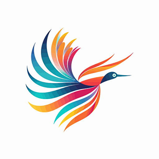 create a logo on white background of a very reduced, abstract and colourful, flying bird of paradise from Papua New Guinea in flat vector art style