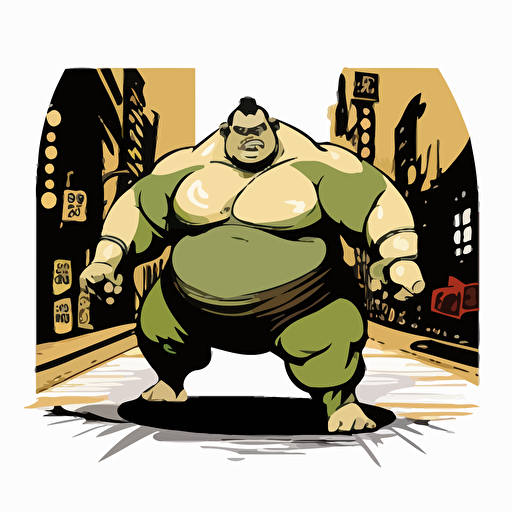 ogre in a sumo match, in bad part of city, vector logo, vector art, emblem, simple cartoon, 2d, no text, white background