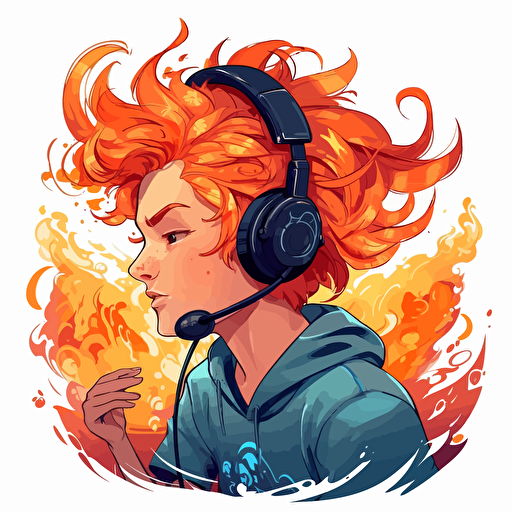 vector illustration of young boy gamer playing, flaming hair