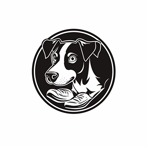 vector logo for a dog organization. Dog is wearing running shoes. Black, white, and grayscale.