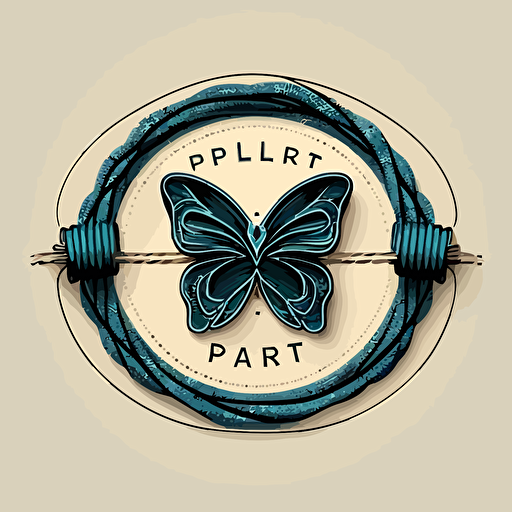 a logo design for a handmade bracelet workshop, called "Pulser Art" that features a 2D vector logo design, including spool of thread, a handmade bracelet and a blue butterfly, surrounded by a thin rope.