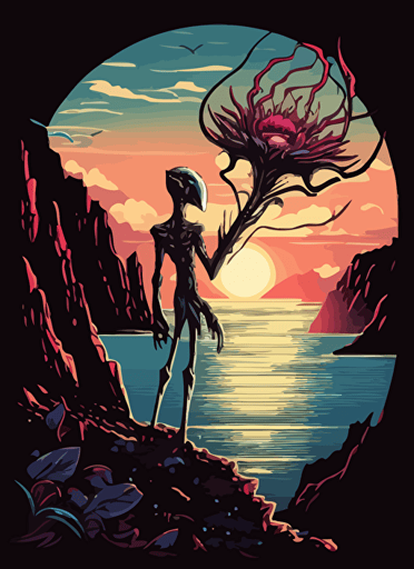 alien holding a flower, standing on a cliff, tsunami in the background, sun in the distance, vector, digital art