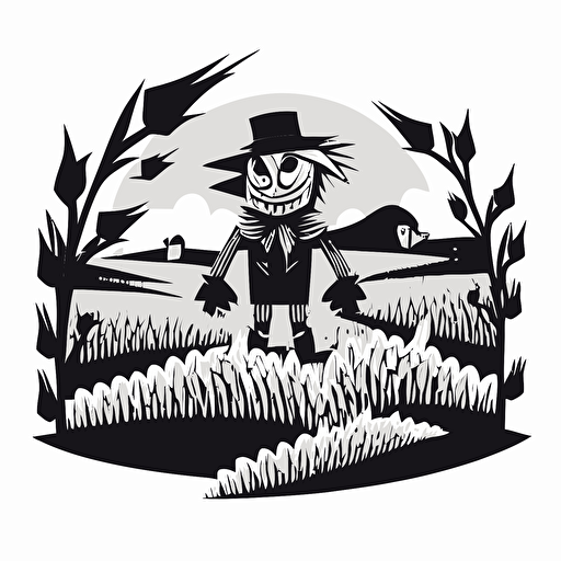 scare crow in feild on farm in style of charles williams, black and white, flat, vector, line drawling, white background ar 1:1