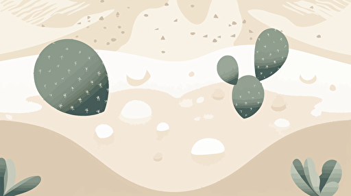 A minimalist top-down view of a white sand desert, dotted with distinct cacti, portrayed in a clean and modern vector illustration style. The scene should convey the vastness of the desert while showcasing the visually appealing patterns created by the cacti and sand. The color palette should consist of a harmonious blend of bright whites, soft blues, and muted greens. The composition should emphasize the abstract nature of the desert and cacti from the overhead viewpoint.