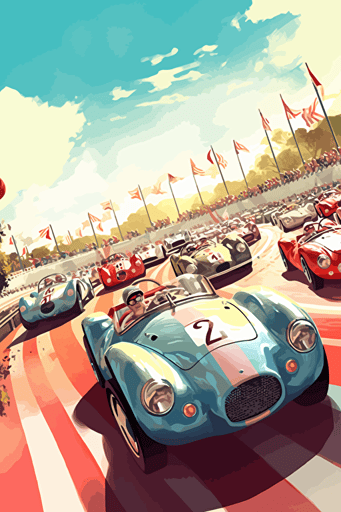 poster cartoon style, 1950's racing event, speed, flags, hot wheels loops::2, spectators, summer, vector art, light colours,