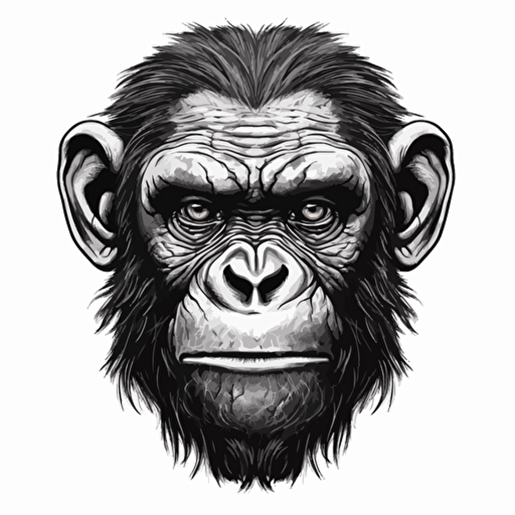 Ceaser form planet of the apes face in the style of Adam Cruz, chimpanzee logo, angry chimpanzee, vector, white background,