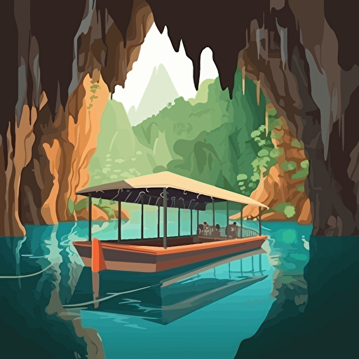 2d illustration of underground river boat tour in Puerto Princesa Palawan, vector art style