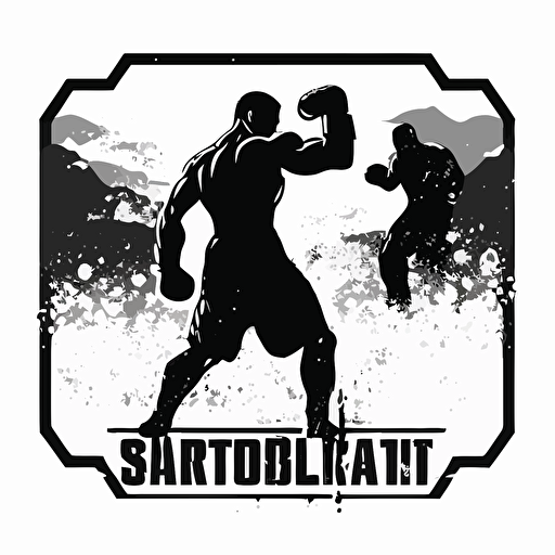 square logo, silhouette of a kickboxing men against a siberian nature, white background, flat image vector