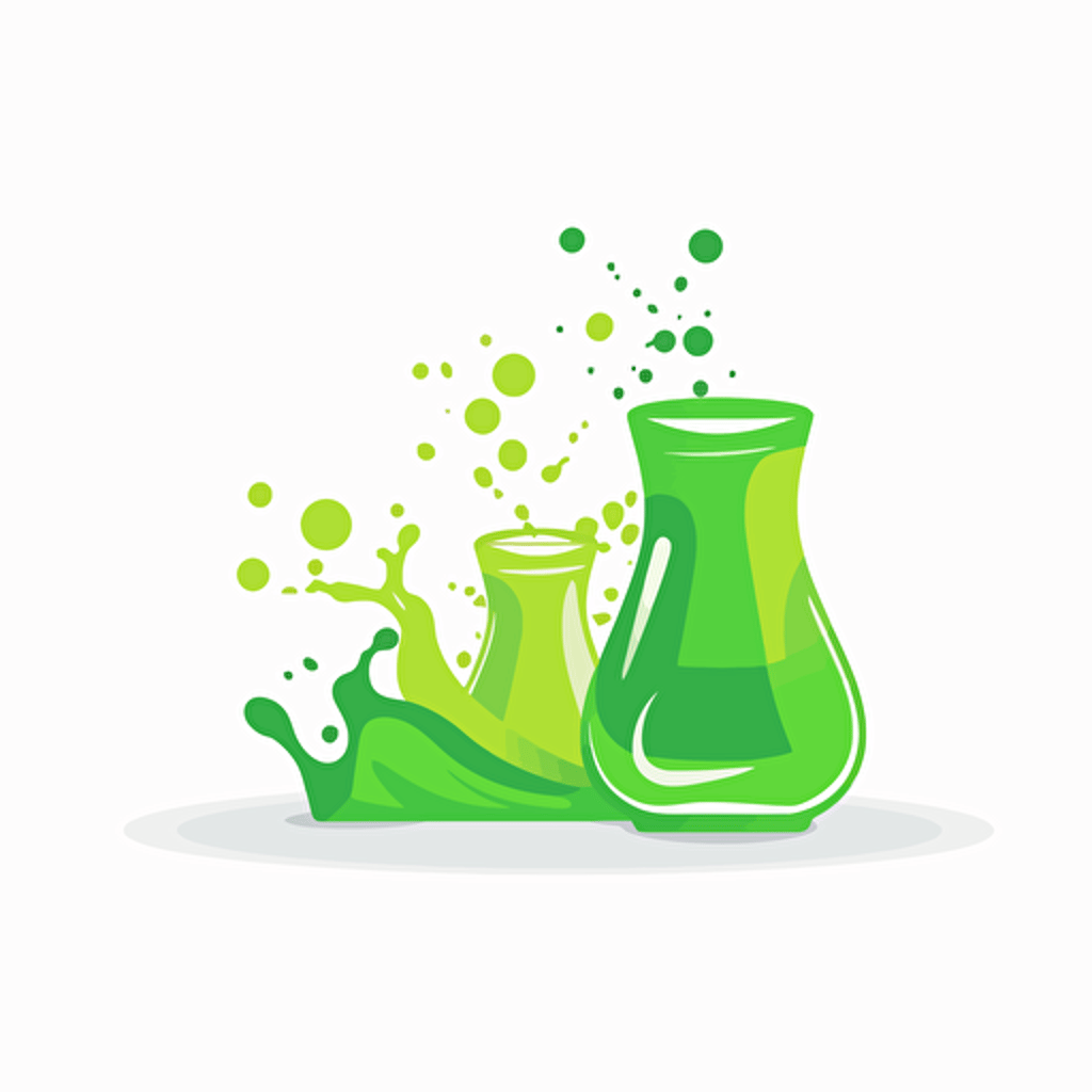 flat vector broken beakers, spilling bright green liquid logo