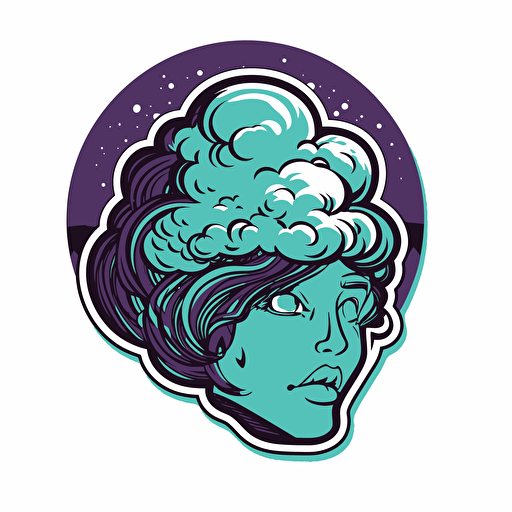 Sticker of an isolated comic thought bubble, vector, in the style of Shepard Fairey, color purple teal black white, no shadow, white background