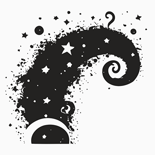 simple small spirals of shooting stars wrap around a thick question mark, black and white, vector, flat, svg