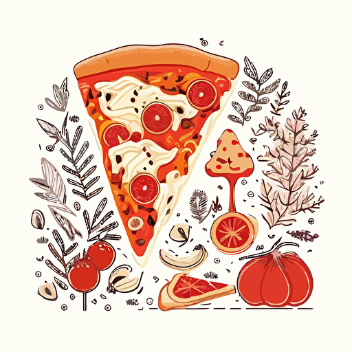 Illustration of a slice of pizza, with ingredients, salami, tomato, cheese, mushrooms, vector linear drawing on a white isolated background