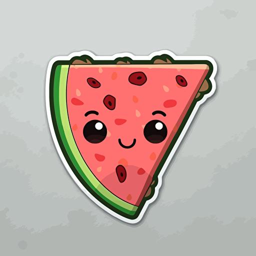 sticker, cute and happy slice of watermelon, kawaii, contour, vector, white border, gray background