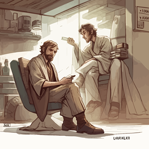 Luke skywallker wearing jedi robes lays in the chaise lounge, arms crossed, lightsaber gripped in one hand, silent. He stares at the floor, avoiding eye contact with the psychiatrist, Dr. Froyd. The doctor leans forward in his chair, eyes narrowed in curiosity, and speaks. "Luke, I know this must be difficult for you, but I need to tell me about your father. comic book style vectorr drawing