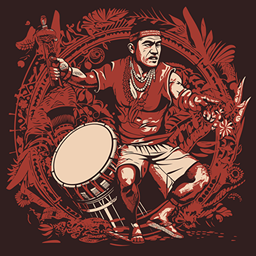 Design a captivating one-color vector illustration featuring a spirited Tongan warrior playing the drums with infectious joy, capturing the essence of their rich cultural heritage and musical traditions.