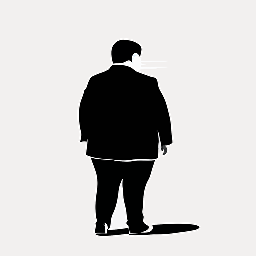 Black and white. back view of a fat kid wearing a buisness suit standing. Simple Vector Art. White background