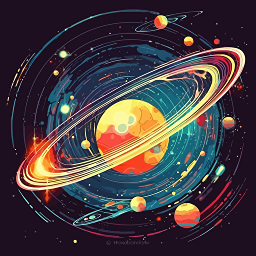 a foreign and unexplored galaxy with unique planets rotating around a sun, viewed from outer space with a small space shuttle coming into orbit, vector illustration in the style of the video game "The Outer Worlds"