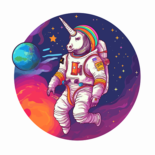 anthropomorphic unicorn in an astronaut riding a rainbow suit in space vector style. design in circle. transparent background