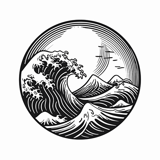 a minimalistic vector of a sun and a wave, in black and white with white background, feminine design
