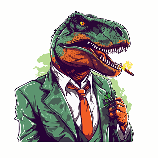 Trex smoking a cigar wearing a suit, big colour design,super crisp, on blank white background, vector art, 2d