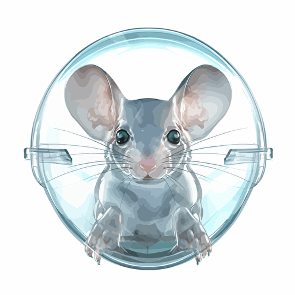 a laboratory mouse vector art, the mouse is made from transparent gel. the brain of the mouse is exposed and visible in the head of the mouse and the brain is white