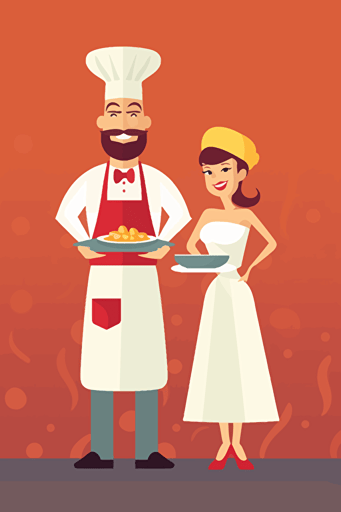 a happy couple cooking together. background: blank. couple: smiling while looking at each other with aprons on. food in front of the couple, vector style