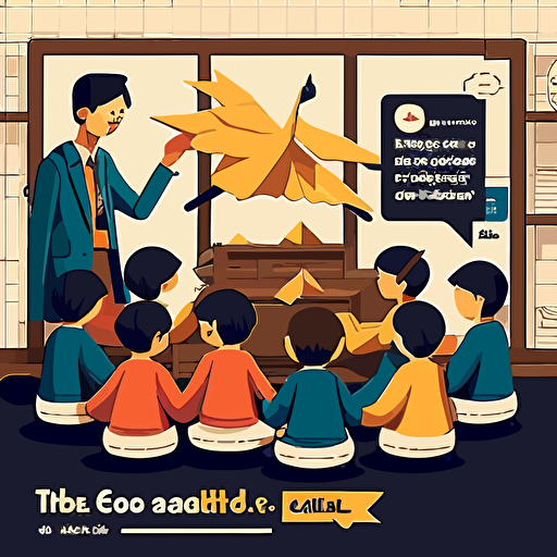 Influenced by the Japanese art of origami, create a vector illustration of Satoshi Nakamoto teaching a group of children how to fold paper cranes in a brightly decorated classroom. Set the scene during a fun and educational workshop.