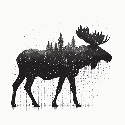 a moose front on white background, minimalist, symmetry, sticker, vector design, one color, pointillism, stars in background, forest in background