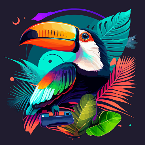 frontpage vector illustration of singing toucan::colorful, vaporwave colors, no background color, vector design