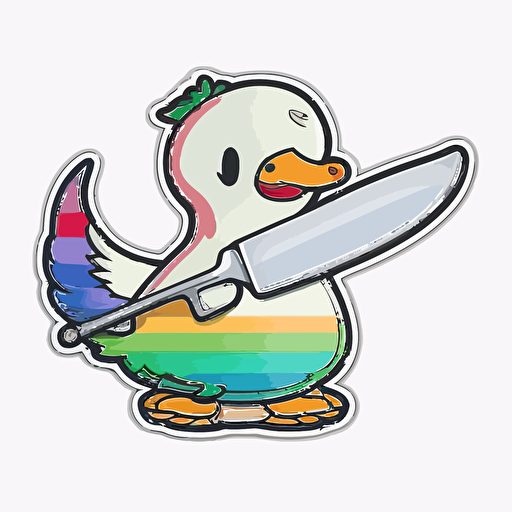 sticker, colorful goose with knife, kawaii, contour, vector, white background s 250