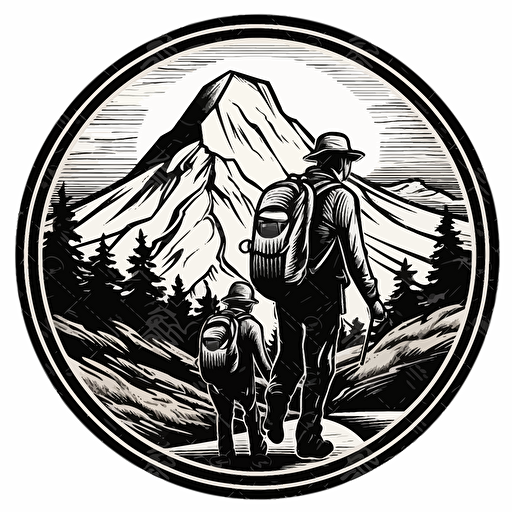 a vector image of a dad and baby hiking with a mountain view in the background using only black, on a white background, badge style