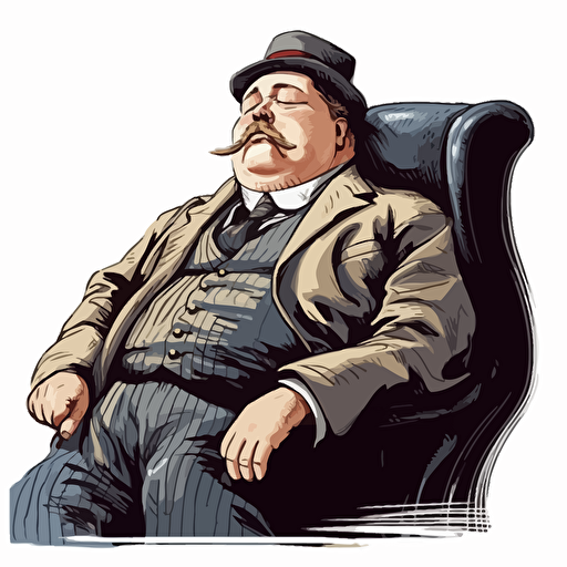 a chubby middle-aged train conductor has fallen fast asleep, snoring loudly with his mouth open, sitting, bushy mustache, balding, suit and tie, as a detailed vector image