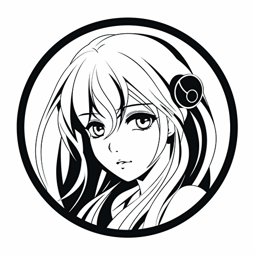 black and white, thick line, very simple abstract 2d vector logo of hatsune miku, circle around