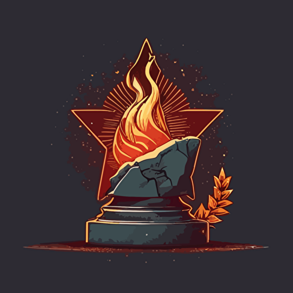 Vector Hand drawn victory day illustration, eternal flame emanating from golden star on granite