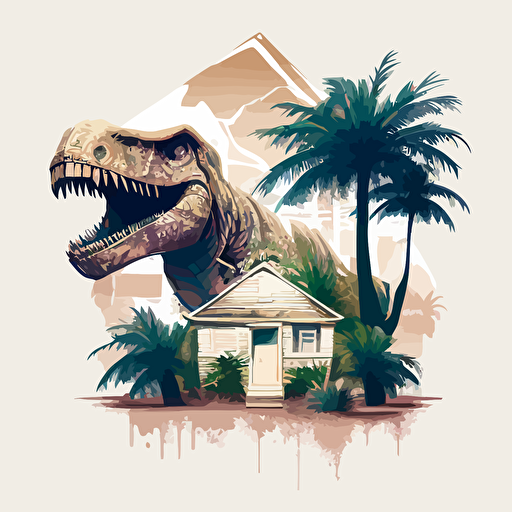 a vector style one story house with some palm trees in the front and the head of a t-rex coming out of the roof with a white background