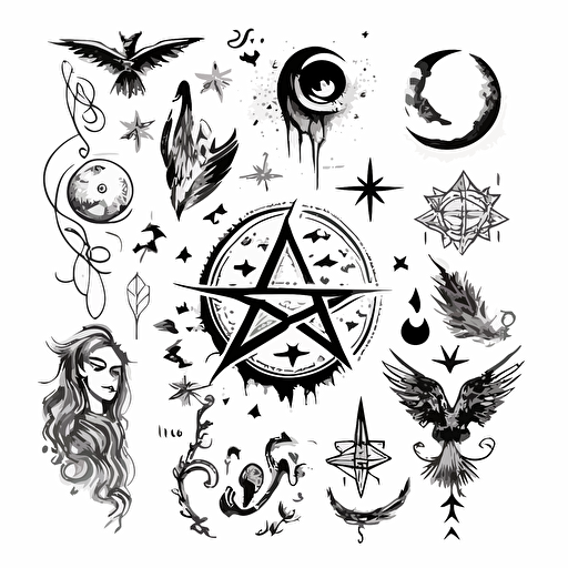 mystical magical symbols, hand drawn vector, white background