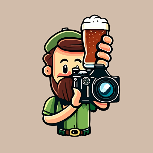 a cartoon beer bottle vector illustration, with hands, holding camera
